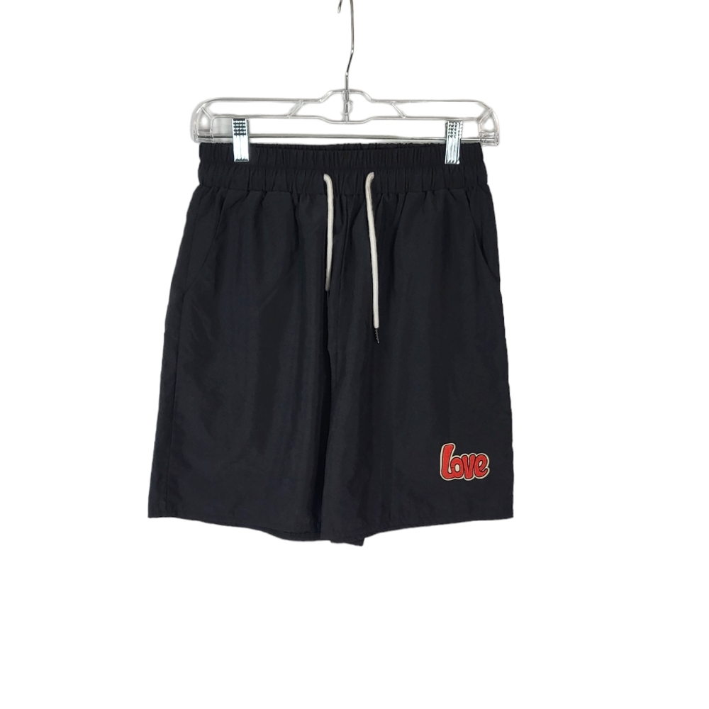 Romwe men's black swimming trunks, red embroidered love logo size S